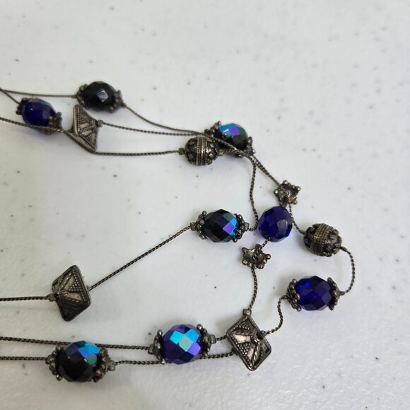 Chicos Illusion Necklace Blue Silver Tone Multi Strand Faceted Vintage Chain - Picture 5 of 9